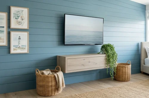 Serene coastal blue bedroom featuring a wall mounted TV above a floating light oak console with rattan accents.