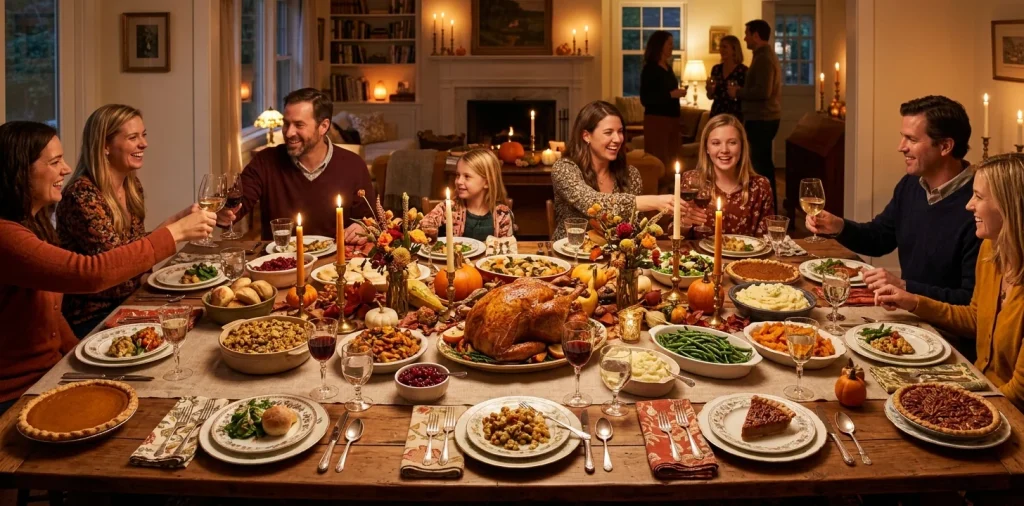 Beautifully decorated Thanksgiving table showcasing various autumn themes with candles and pumpkins
