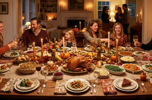 Beautifully decorated Thanksgiving table showcasing various autumn themes with candles and pumpkins