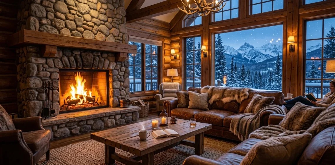 Cozy mountain lodge living room featuring rustic wooden furniture, leather sofa, and thick faux fur throws.