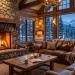 Cozy mountain lodge living room featuring rustic wooden furniture, leather sofa, and thick faux fur throws.