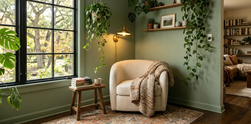 Serene sage cozy reading nook with a plush armchair, brass sconce, and beautiful trailing plants.