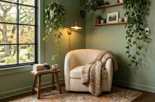 Serene sage cozy reading nook with a plush armchair, brass sconce, and beautiful trailing plants.