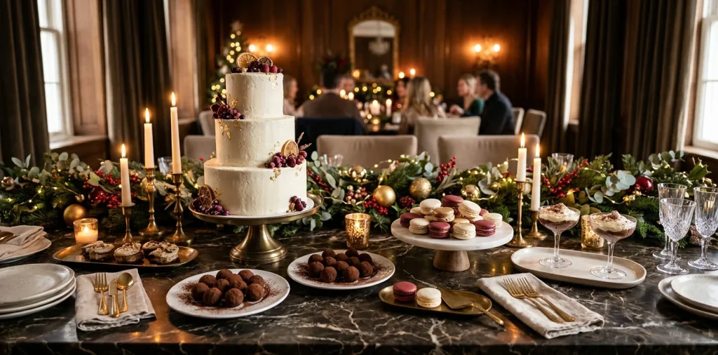 Elegant holiday sweets table featuring cakes and truffles in burgundy and gold color palette.
