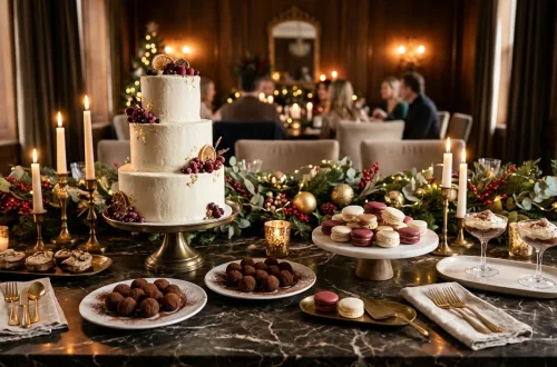 Elegant holiday sweets table featuring cakes and truffles in burgundy and gold color palette.