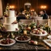 Elegant holiday sweets table featuring cakes and truffles in burgundy and gold color palette.