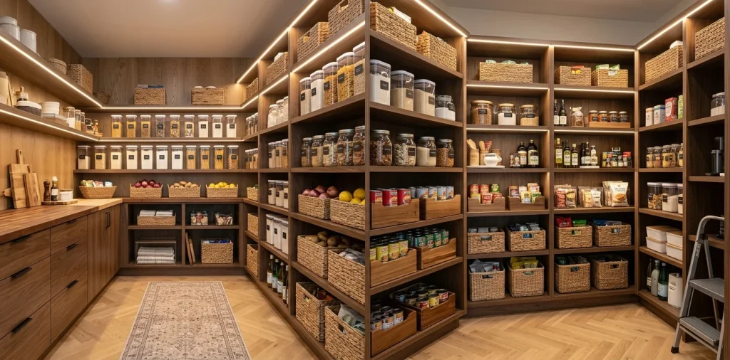 Beautifully organized deep pantry with clear storage bins and warm lighting