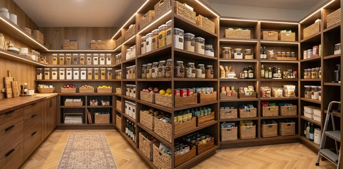 Beautifully organized deep pantry with clear storage bins and warm lighting