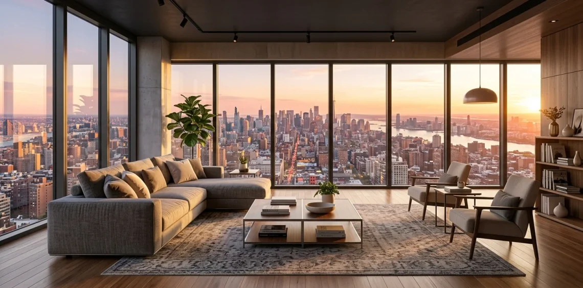 Modern apartment living room with floor-to-ceiling windows showing city skyline
