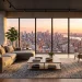 Modern apartment living room with floor-to-ceiling windows showing city skyline