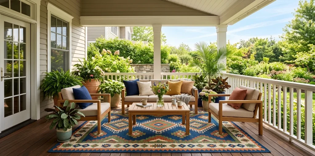 A sunlit summer porch featuring a vibrant geometric outdoor rug under modern teak patio furniture.