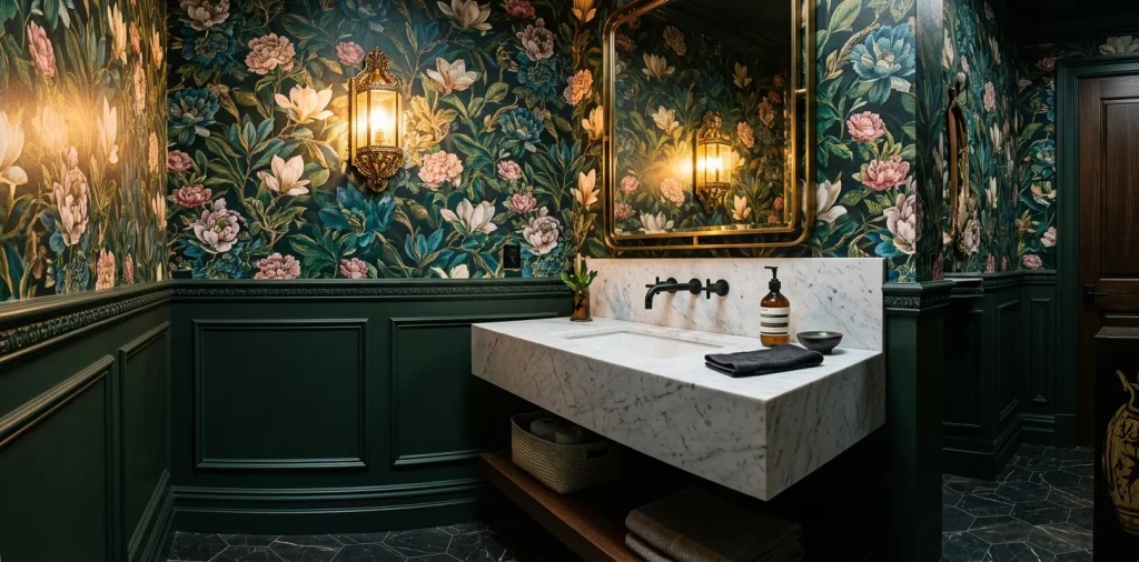 Dark green powder room with bold floral wallpaper and a marble vanity under warm brass lighting.