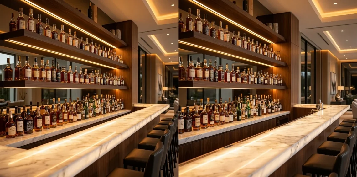 Modern home bar featuring glowing warm ambient LED strip lighting under dark wood floating shelves and a marble countertop.