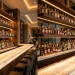 Modern home bar featuring glowing warm ambient LED strip lighting under dark wood floating shelves and a marble countertop.