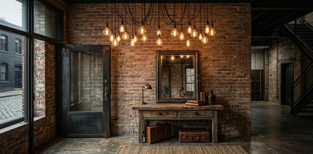 Industrial entryway featuring a cluster of amber Edison bulbs hanging over a rustic wood console table.