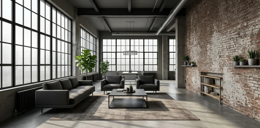 Industrial minimalist living room with exposed brick, concrete floors, and sleek modern charcoal furniture.