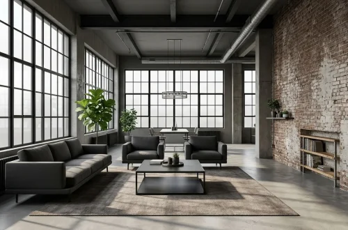 Industrial minimalist living room with exposed brick, concrete floors, and sleek modern charcoal furniture.