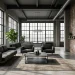 Industrial minimalist living room with exposed brick, concrete floors, and sleek modern charcoal furniture.