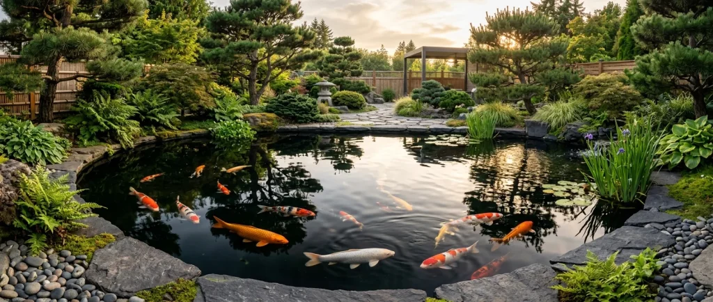 Wide view of a pristine dark bottom koi pond reflecting surrounding trees.
