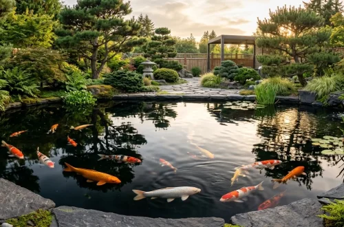 Wide view of a pristine dark bottom koi pond reflecting surrounding trees.