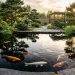 Wide view of a pristine dark bottom koi pond reflecting surrounding trees.