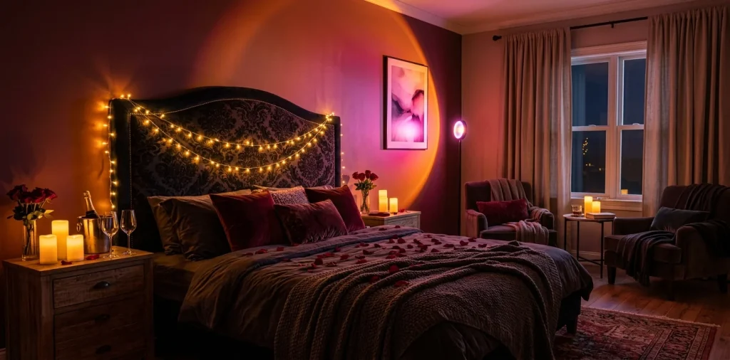 Cozy Valentine's Day bedroom illuminated with warm moody lighting, string lights, and flameless candles.