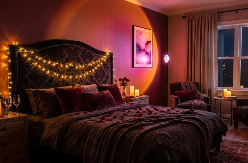 Cozy Valentine's Day bedroom illuminated with warm moody lighting, string lights, and flameless candles.