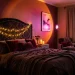 Cozy Valentine's Day bedroom illuminated with warm moody lighting, string lights, and flameless candles.
