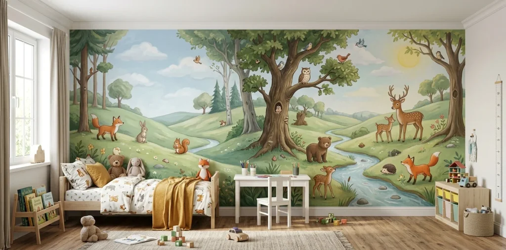 Beautifully hand-painted magical forest mural in a realistic modern kids bedroom.