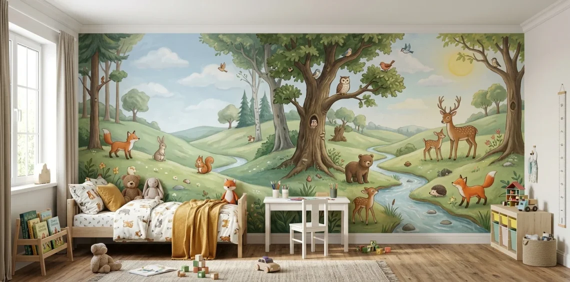 Beautifully hand-painted magical forest mural in a realistic modern kids bedroom.