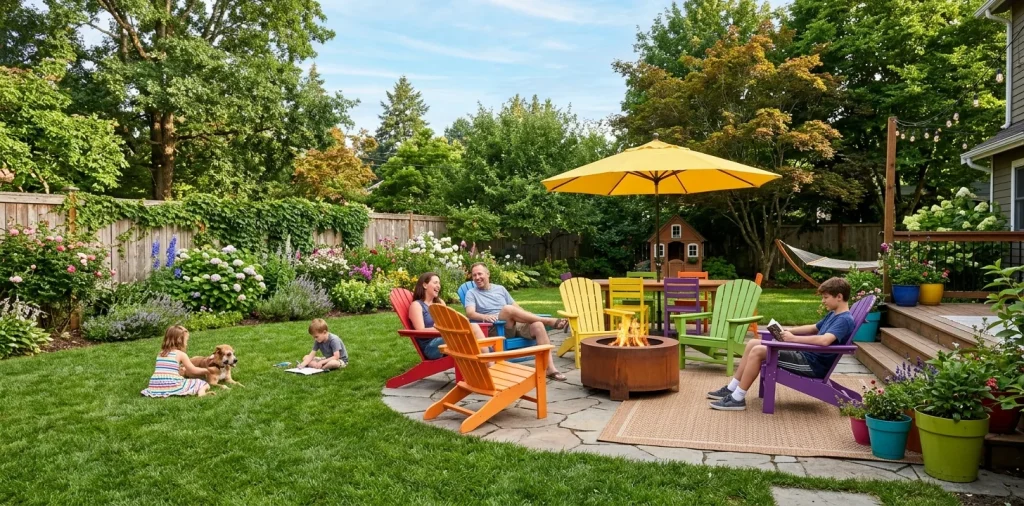 Wide view of a lush backyard featuring vibrant rainbow-colored patio furniture and a modern fire pit