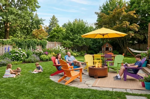 Wide view of a lush backyard featuring vibrant rainbow-colored patio furniture and a modern fire pit