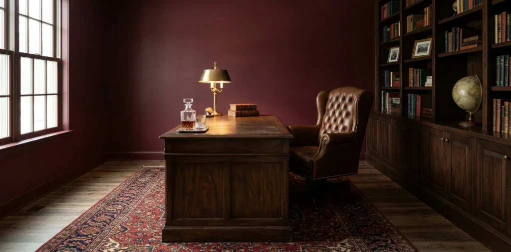 Moody home office featuring deep burgundy walls, a vintage walnut desk, and a tufted brown leather chair