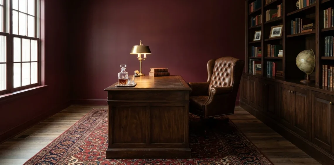 Moody home office featuring deep burgundy walls, a vintage walnut desk, and a tufted brown leather chair