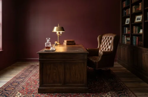 Moody home office featuring deep burgundy walls, a vintage walnut desk, and a tufted brown leather chair