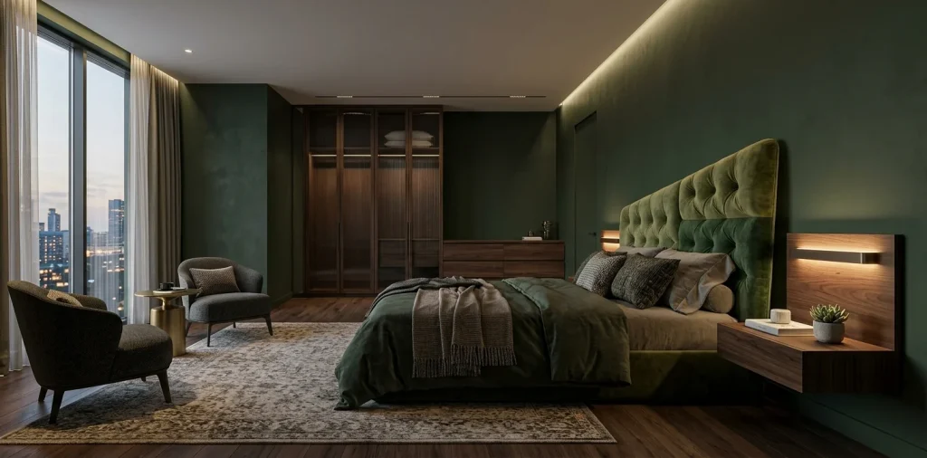 Luxurious modern 2026 bedroom with deep green walls and an oversized velvet headboard