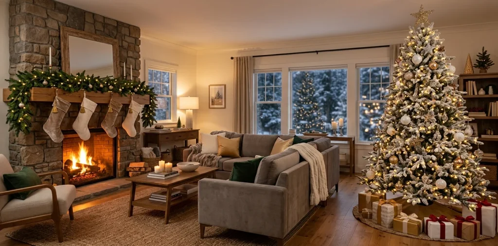 Beautifully styled living room featuring a flawless holiday decor aesthetic with warm lighting and a flocked tree.