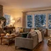 Beautifully styled living room featuring a flawless holiday decor aesthetic with warm lighting and a flocked tree.