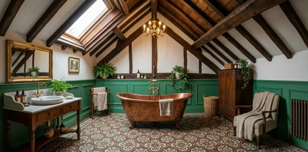 Luxurious Victorian attic bathroom featuring a copper tub and patterned encaustic floor tiles under a bright skylight.