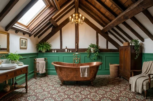 Luxurious Victorian attic bathroom featuring a copper tub and patterned encaustic floor tiles under a bright skylight.