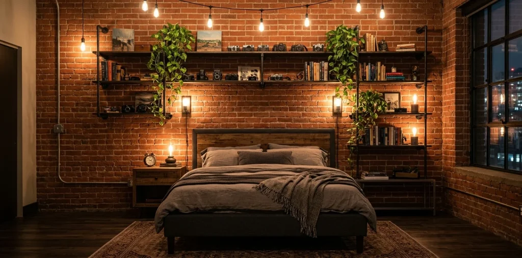 Matte black industrial pipe shelves on a red brick wall in a modern urban bedroom with warm lighting.