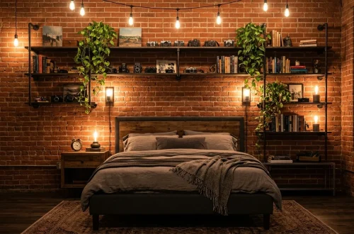 Matte black industrial pipe shelves on a red brick wall in a modern urban bedroom with warm lighting.