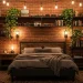 Matte black industrial pipe shelves on a red brick wall in a modern urban bedroom with warm lighting.
