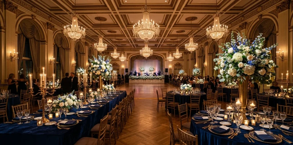 Wide view of a luxurious navy and gold wedding reception in a classic ballroom.
