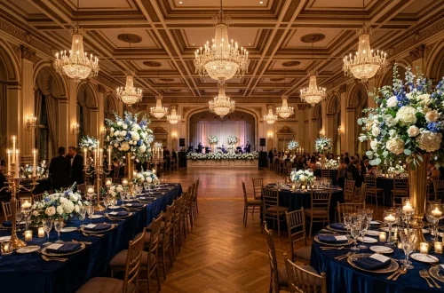 Wide view of a luxurious navy and gold wedding reception in a classic ballroom.