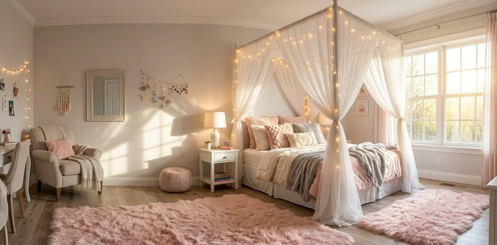 Cozy girl's bedroom featuring a white canopy bed with sheer drapes, fairy lights, and a plush pink rug.