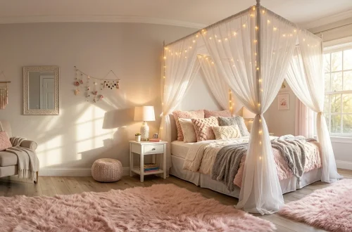 Cozy girl's bedroom featuring a white canopy bed with sheer drapes, fairy lights, and a plush pink rug.