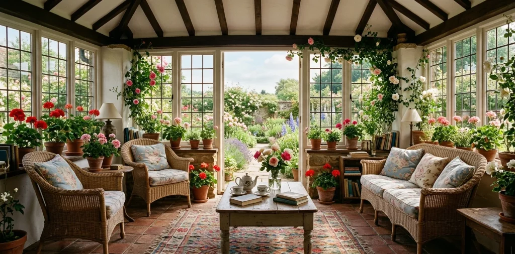 Cozy English cottage sunroom featuring vintage wicker furniture and blooming floral chintz cushions.