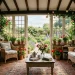 Cozy English cottage sunroom featuring vintage wicker furniture and blooming floral chintz cushions.