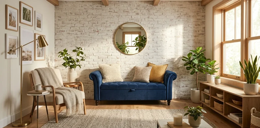 Navy blue velvet tufted storage bench in a bright modern small living room